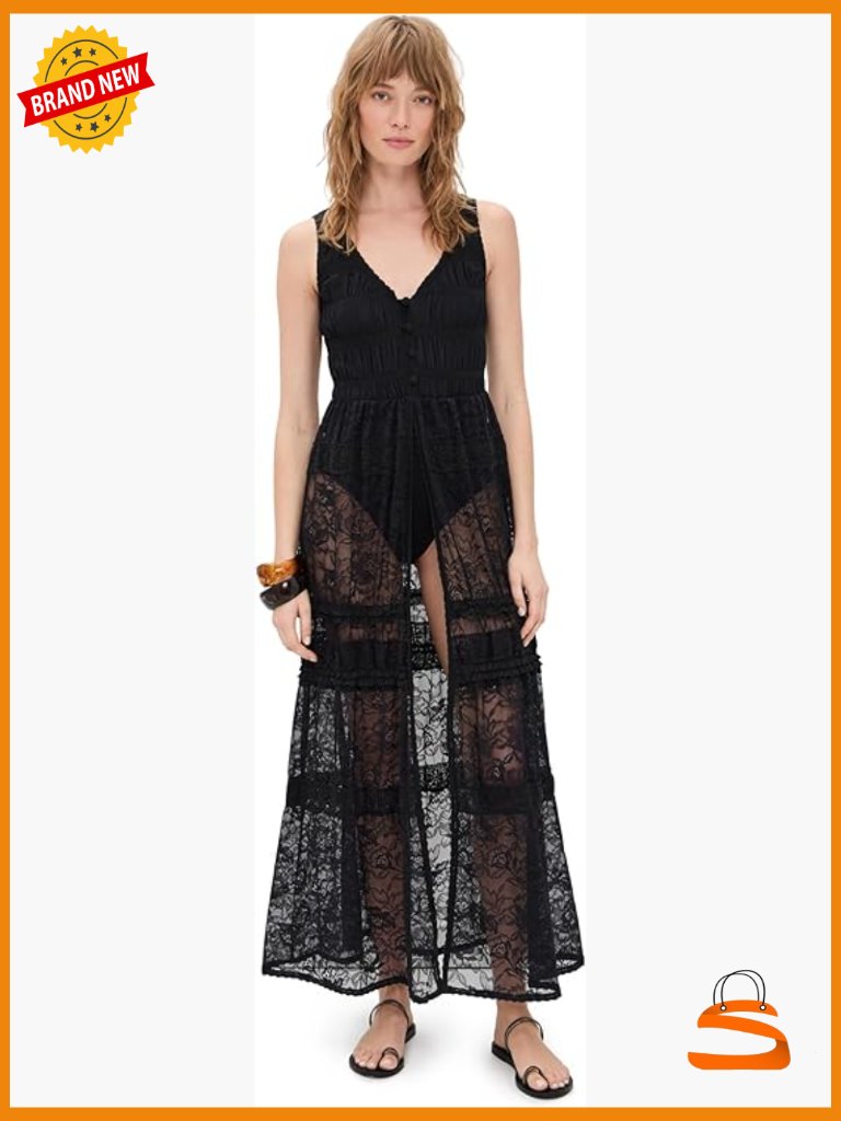 Sheer Lace Maxi Bodysuit Dress Plunging V-Neck Smocked